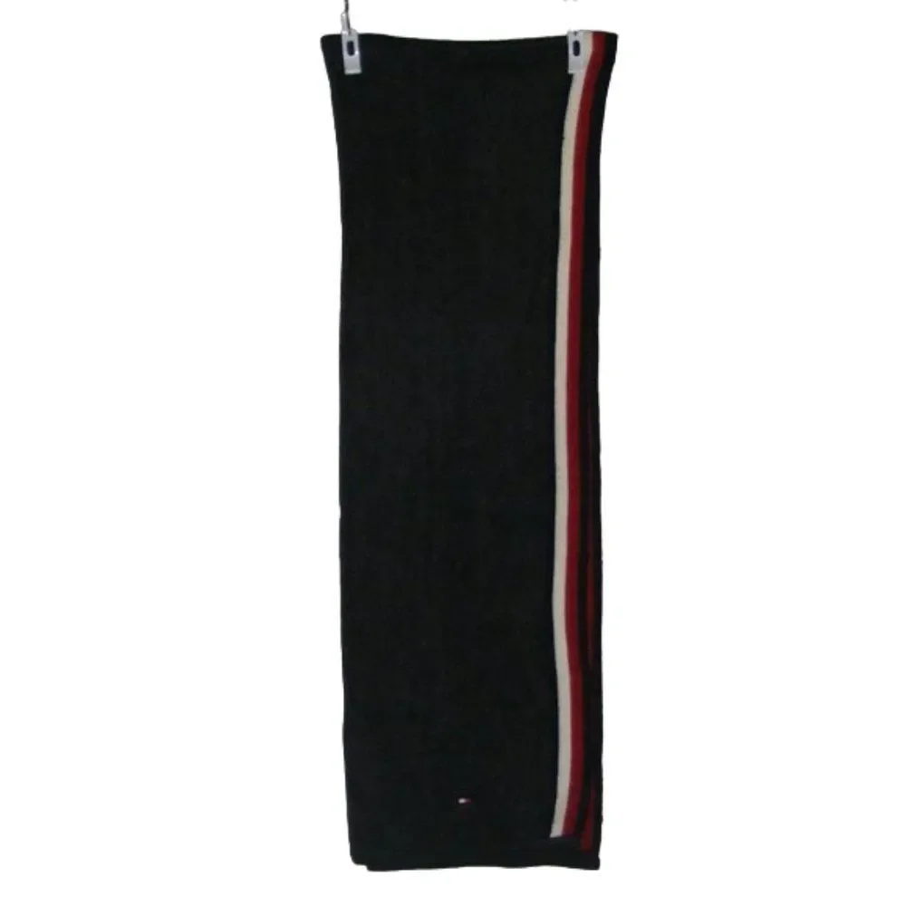 TOMMY HILFIGER Scarf, Charcoal Gray Acrylic, Red/White Stripe accent, Bar logo